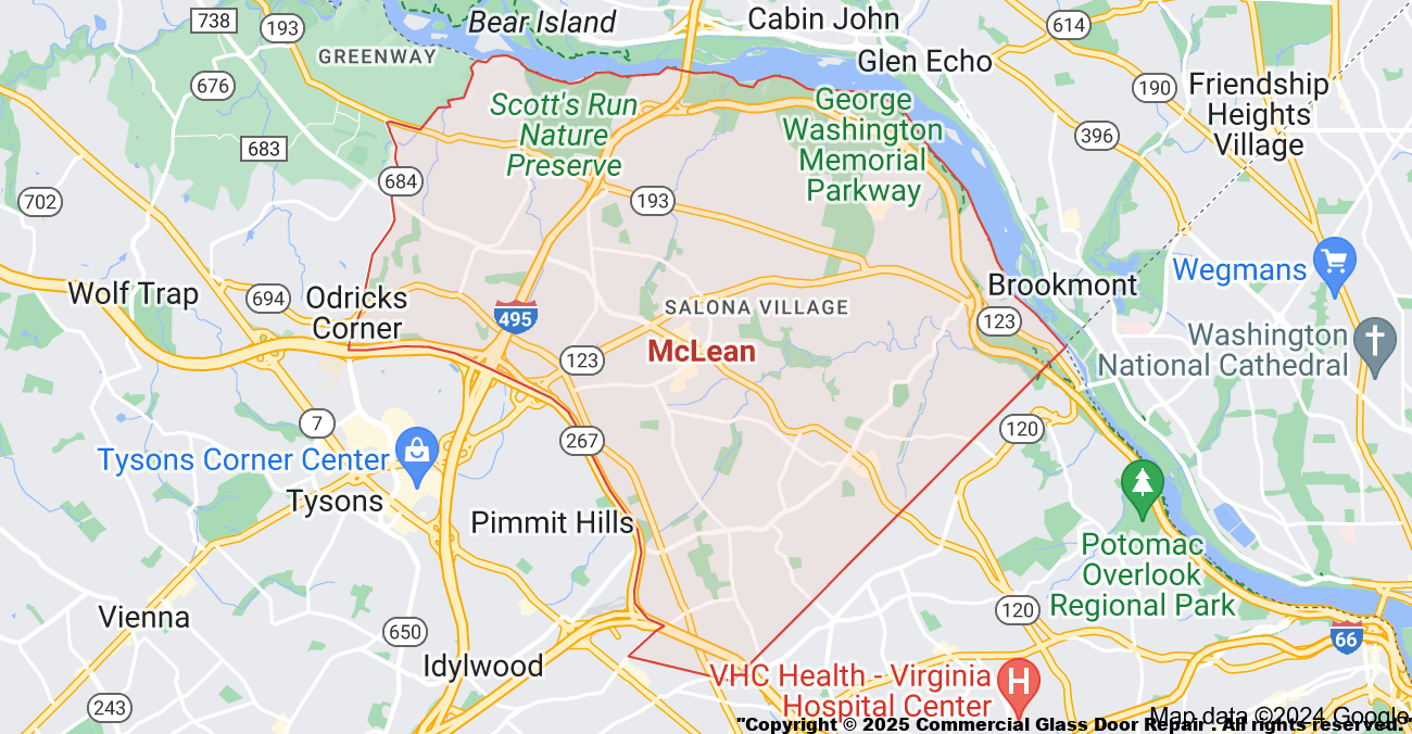 Mclean VA Virginia Commercial Door Repair Glass Replacement Hinge Pivot Closer Panic Exit Device Repair Storefront Business Front Entry Metal
Zip Code 22101 | Zip Code 22102 | Zip Code 22109 | Zip Code 22106 | Zip Code 22107 Zip Code 22108 | Zip Code